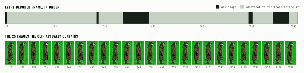Timeline of 144 decoded frames with the 119 duplicate frames greyed out and the 25 unique frames shown below