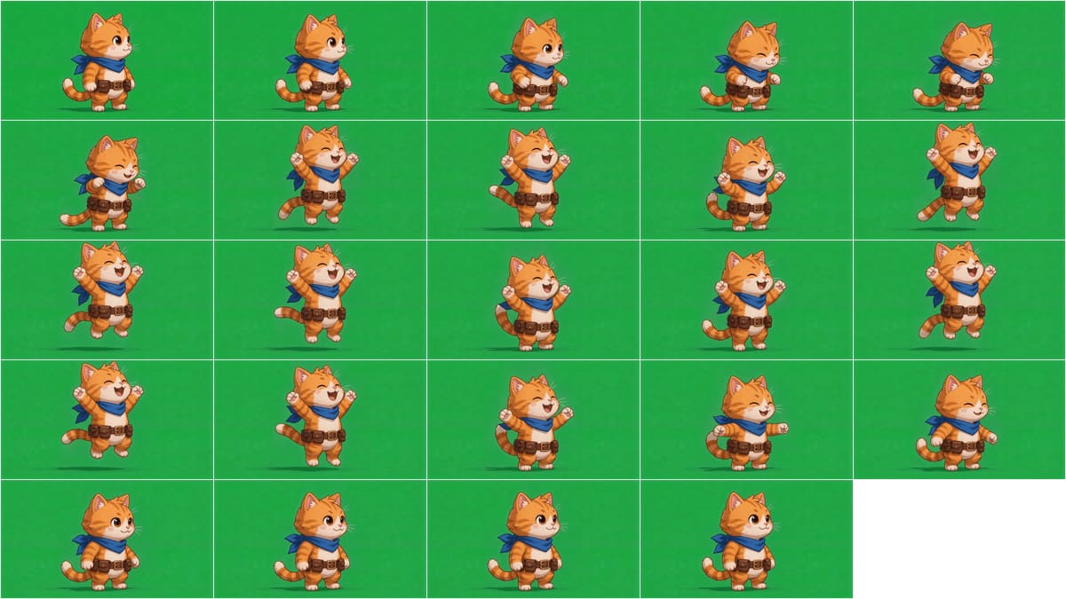 Sprite sheet of a cat character packed into a 5 by 5 grid by this tool